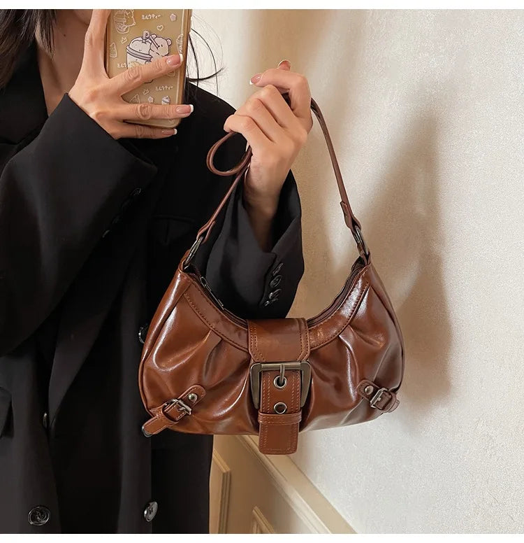 Monroe Buckle Shoulder Bag (Brown)
